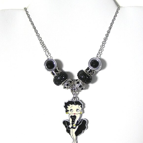 Betty Boop Black Sparkle Necklace With European Beads & Charms, NEW - Picture 1 of 5